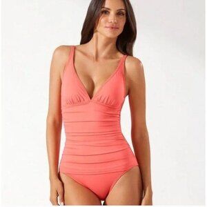 Tommy Bahama Pearl Over-the-Shoulder V-Neck One-Piece Swimsuit in Coral Size 16